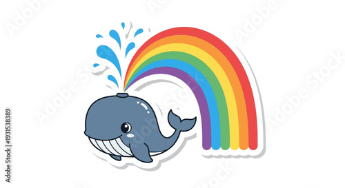 Cute Cartoon Whale Spouting Rainbow Water Spray