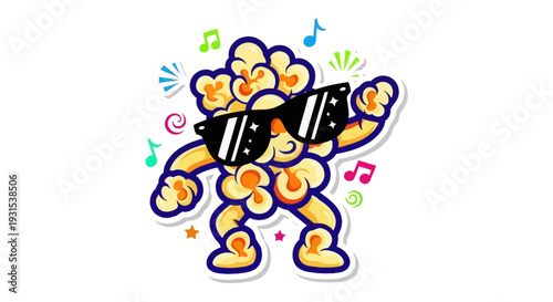 Dancing Popcorn Character with Sunglasses and Music Notes