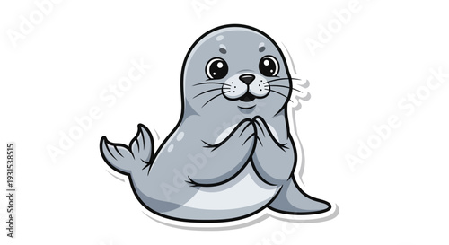 Cute cartoon seal with pleading eyes and clasped paws, isolated on white background