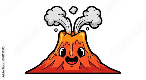 Cute cartoon volcano erupting with happy face and smoke