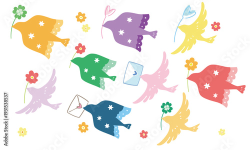 花やクローバー、手紙を運ぶ鮮やかな2種類の鳥のベクターイラスト素材