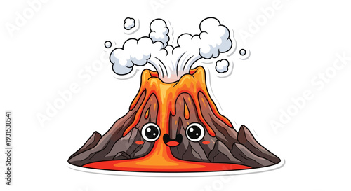 Cute Cartoon Volcano Erupting With Lava and Smoke, Kawaii Style