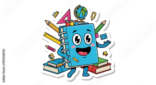 Happy Cartoon Book Character with School Supplies