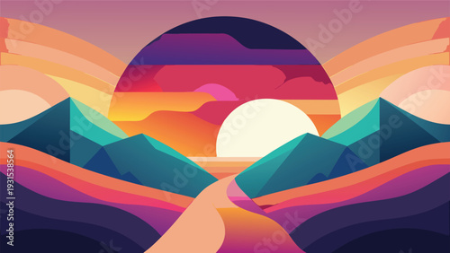 A surreal landscape with vibrant colors and abstract mountain formations under a glowing sky Vector