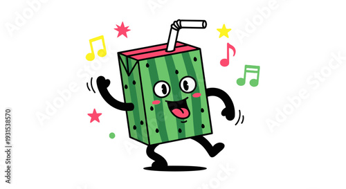Happy Juice Box Dancing with Music Notes and Stars, Fun Cartoon Character