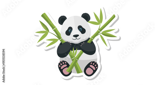 Cute Panda Bear Holding Bamboo Stalks, Vector Illustration, Cartoon Style