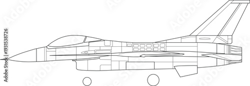 F16A Falcon Lockheed Fighter Jet Side Profile Section View Outline Design Vector Illustration