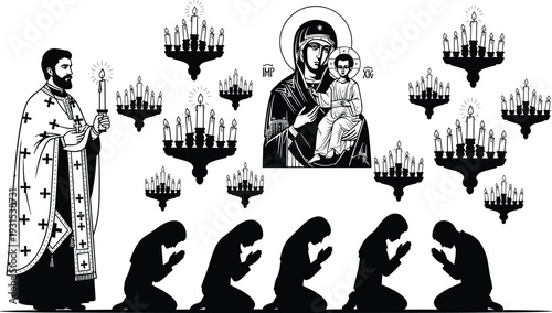 Orthodox Christian prayer scene illustration, priest with candle, worshippers kneeling before Virgin Mary icon, religious church ceremony vector isolated on white