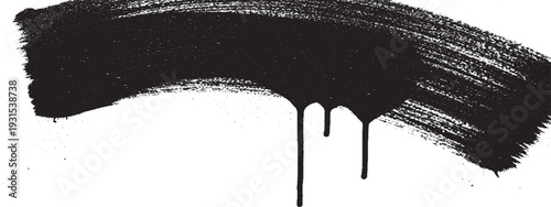 Bold black spray paint brush stroke with drips on white background, abstract design element