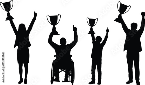 People celebrating victory holding trophy cups, silhouette of winners including disabled person in wheelchair isolated on white background success concept