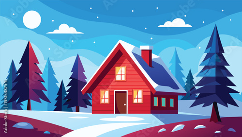 A vibrant winter scene with a red wooden house surrounded by snow-covered trees Vector