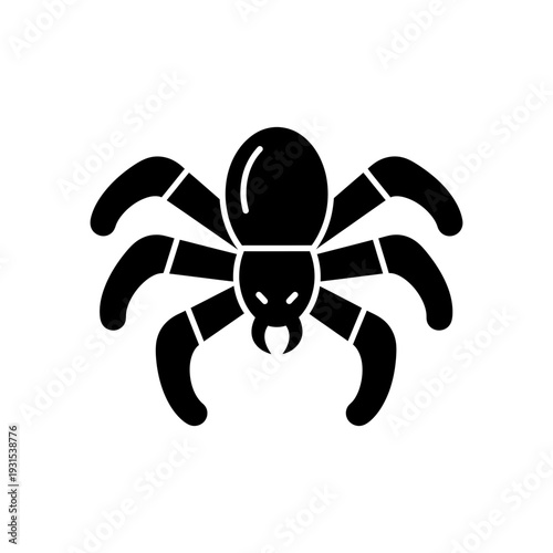 Black spider icon with eight legs and menacing fangs