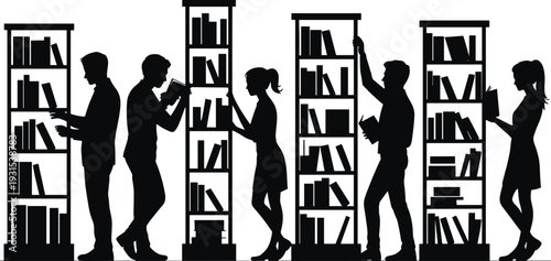 People reading books in library silhouette scene, students browsing bookshelf and studying, black vector illustration isolated on white background