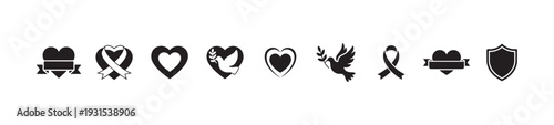 Twelve flat vector icons featuring hearts with ribbons doves shields and laurel wreaths in rows