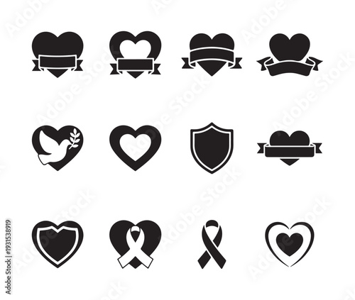 Twelve monochrome symbols representing love peace support and remembrance using hearts banners and shields