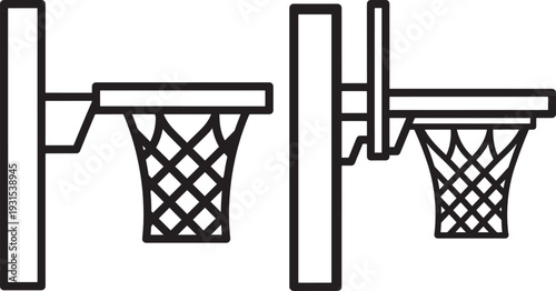 Line art icons of two basketball hoops with nets, ideal for sports themes, game equipment, and athletic competition visuals.