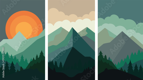 Three distinct landscapes showcasing the beauty of nature and the changing times of day Vector