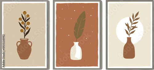 boho wall art, botanical poster set, abstract vase illustration, minimalist plant prints, neutral decor, modern aesthetic, vintage style artwork