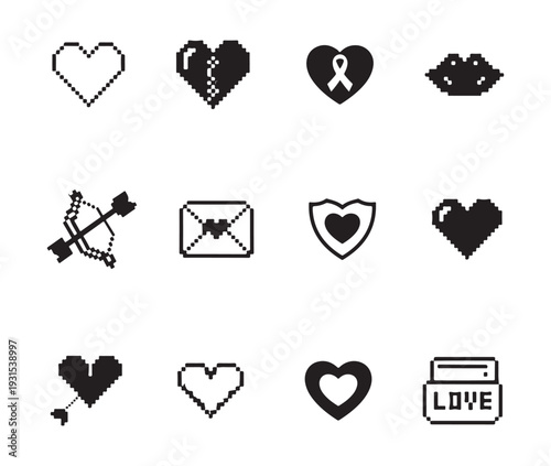 Pixelated love and romance icons set collection with hearts cupid arrows and valentine symbols