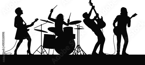 Rock band performing live on stage, musician silhouettes playing electric guitar and drums in energetic concert isolated on white background