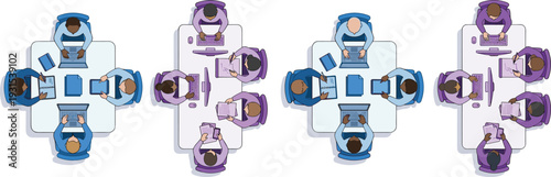 Business team collaboration top view illustration, office coworkers working together at desk, corporate meeting planning strategy vector design