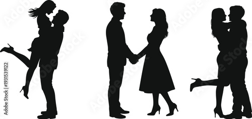 Romantic couple silhouettes hugging and holding hands, love relationship concept with man lifting woman isolated on white background vector illustration