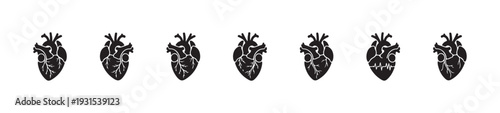 Set of seven different black anatomical human heart icons in a row isolated on white background