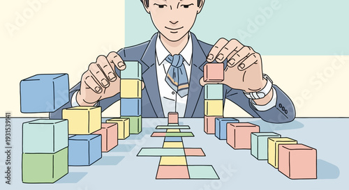 Man in Suit Building with Colored Blocks.