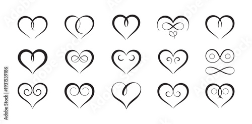 Fifteen elegant stylized heart shapes composed of swirling lines and subtle infinity symbols for romance