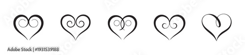 Five unique heart emblems created with flowing lines and stylized scrollwork for affection