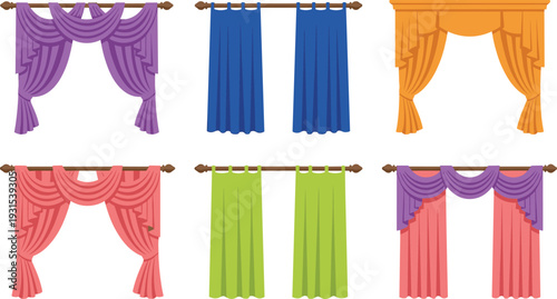 Colorful window curtain collection, decorative drapery set, modern home interior textile design, elegant fabric curtains isolated vector illustration bundle