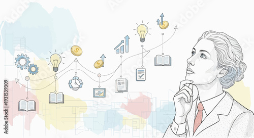 Businessman Thinking with Idea Flowchart.
