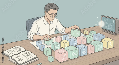 Man Arranging Colored Cubes on Desk.