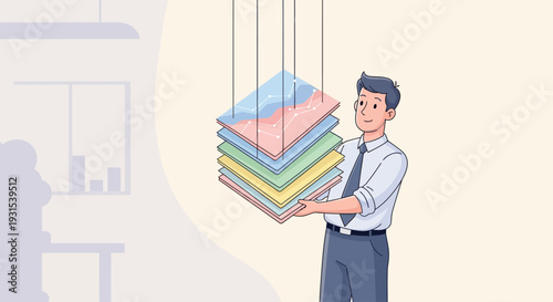 Man holding stack of colorful papers.