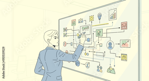 Man presenting a complex business flowchart.