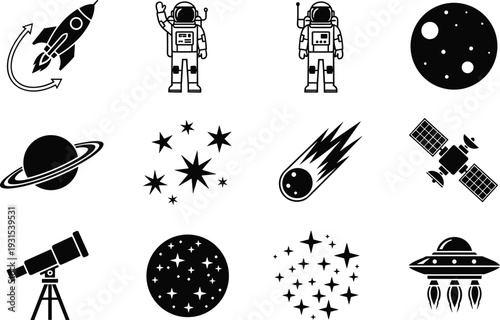 Space icons set vector illustration, rocket, astronaut, planet, stars, satellite and UFO silhouettes isolated on white background, astronomy symbols collection