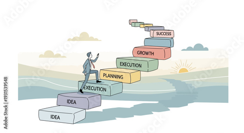 Businessman Standing on Blocks with Business Terms.