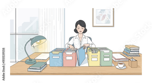 Woman Organizing Office Desk with Files.