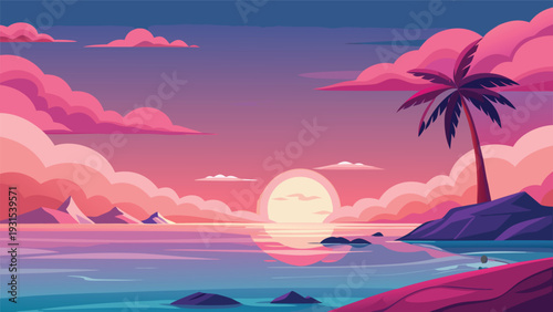 A vibrant sunset over a tropical beach with palm trees and calm waters Vector