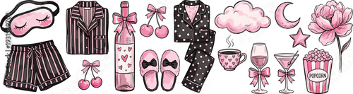 girls night set, pajama party elements, sleepover collection, cozy lifestyle illustration, feminine accessories, relaxation theme, hand drawn cute vector