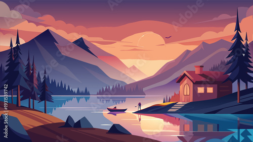 A serene mountain landscape with a lake under a vibrant sunset sky Vector