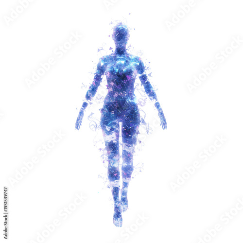 Abstract human form made of glowing digital particles