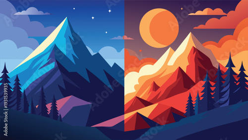 A serene mountain landscape with a full moon rising over a tranquil valley Vector