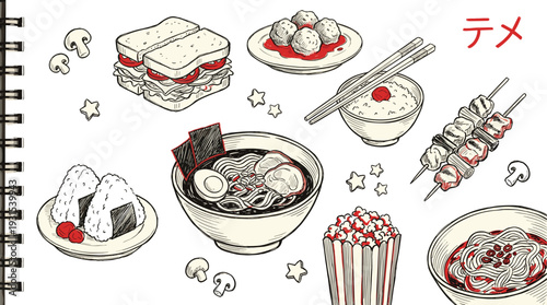 japanese food illustration, ramen sushi set, asian cuisine collection, hand drawn meal elements, traditional dishes, street food, vector sketch