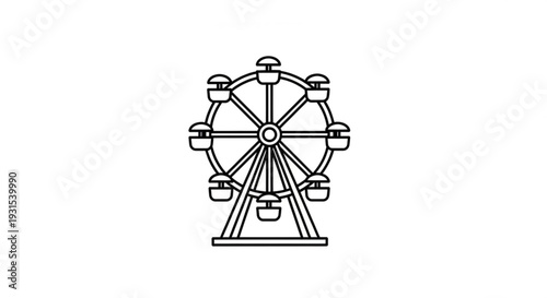 A black line drawing of a classic ferris wheel with seats on a white background amusement park ride