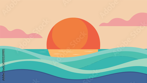 A vibrant sunset over the ocean with a large orange sun and wavy blue water Vector