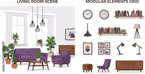 living room interior, modular furniture set, modern home decor, cozy apartment scene, indoor plants, contemporary design elements, vector illustration pack