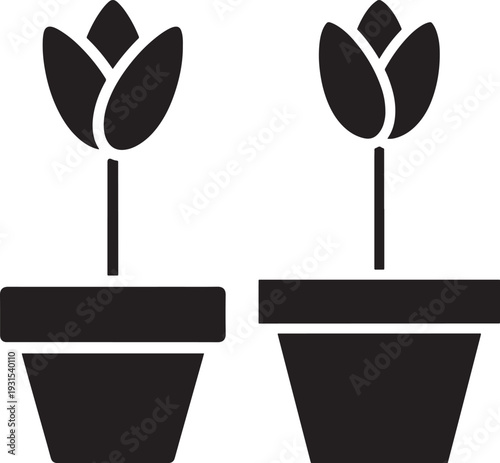 Two simple black icons of tulips in pots, representing gardening, spring, and plant care in a minimalist style.