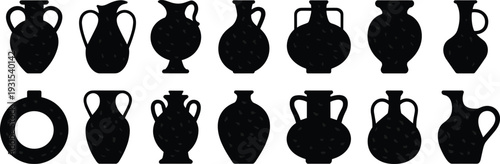 Vintage ceramic vase silhouettes collection, decorative pottery jar shapes set in black vector illustration isolated on white background