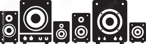 Collection of black and white speaker icons of various sizes, perfect for music, audio, and sound system concepts.
